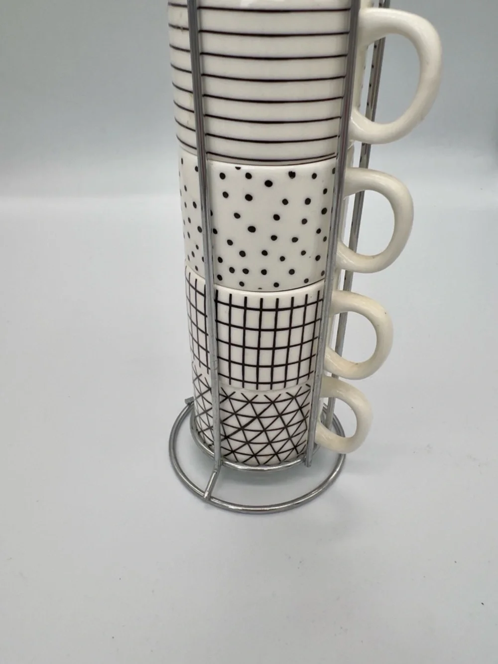 Stackable Ceramic Espresso Cup Set in White with Black Geometric Patterns